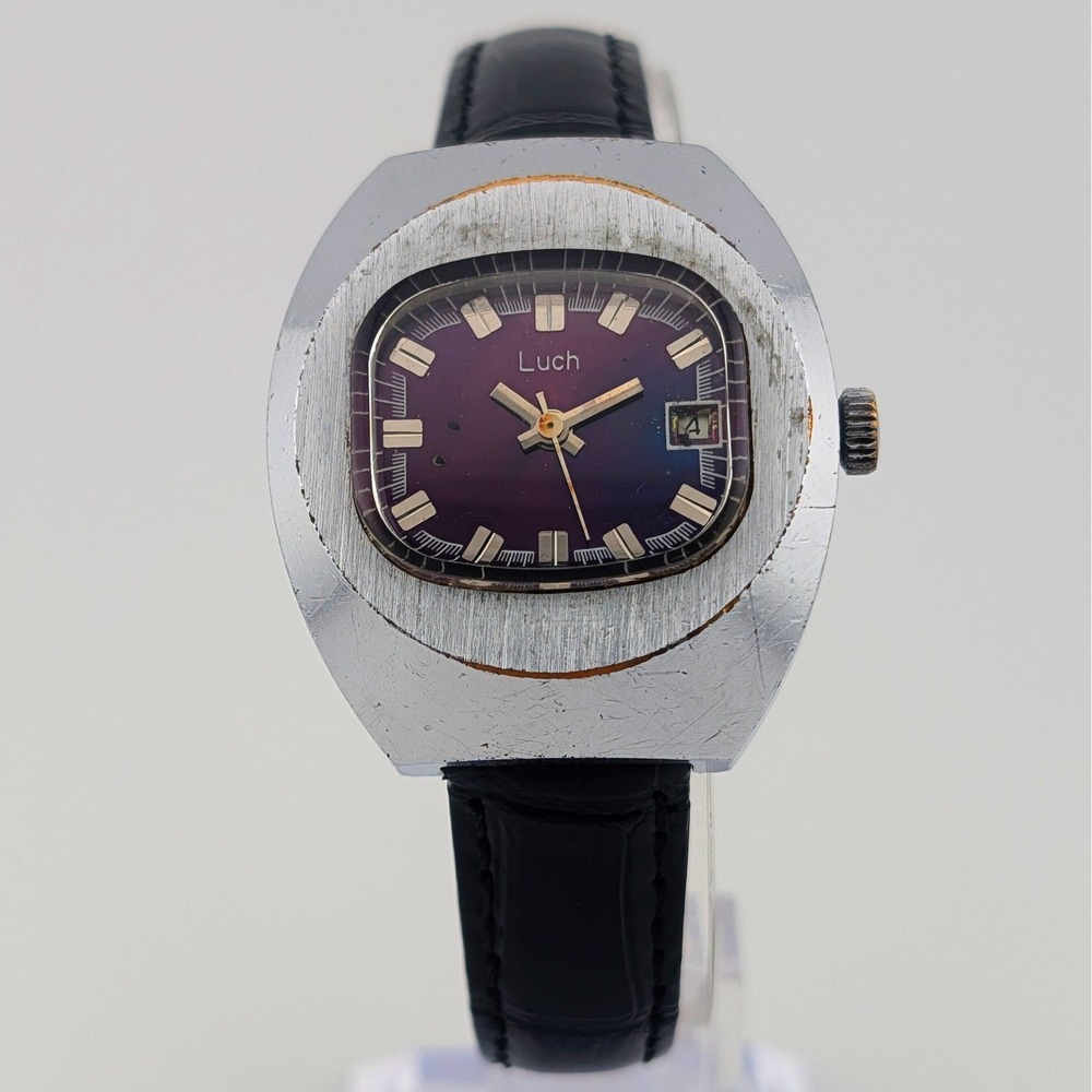 Vintage Russian Luch Purple Sunburst Dial 32mm Retro TV Case Manual Wind Watch